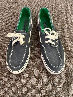 Sperry Canvas Boat Shoes with Cream Laces and Green Insole